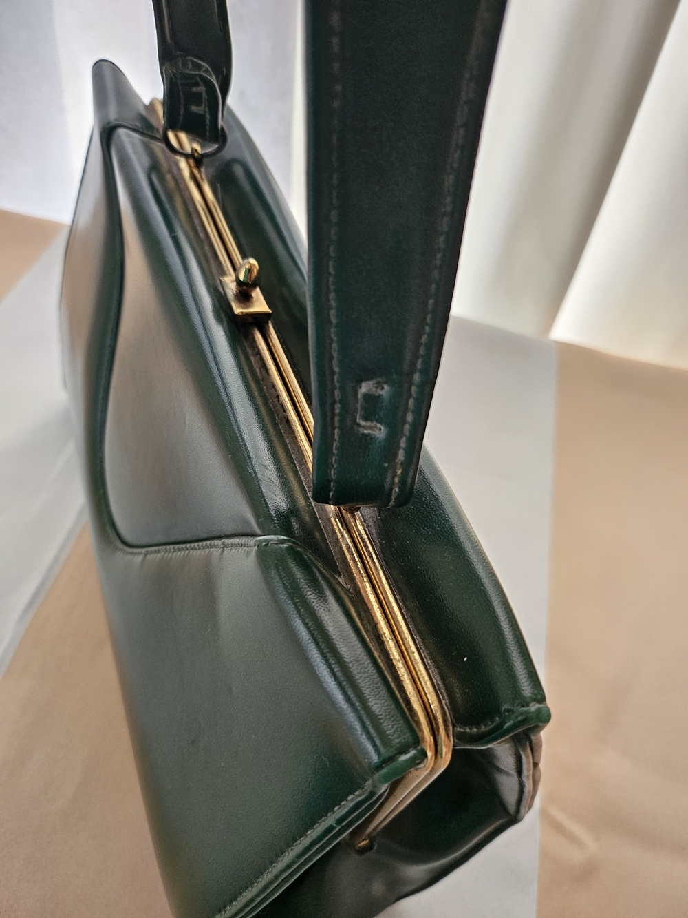 Dark Kelly Green Structured Top Handle Satchel Handbag Quilted Leather - Picture 9 of 15